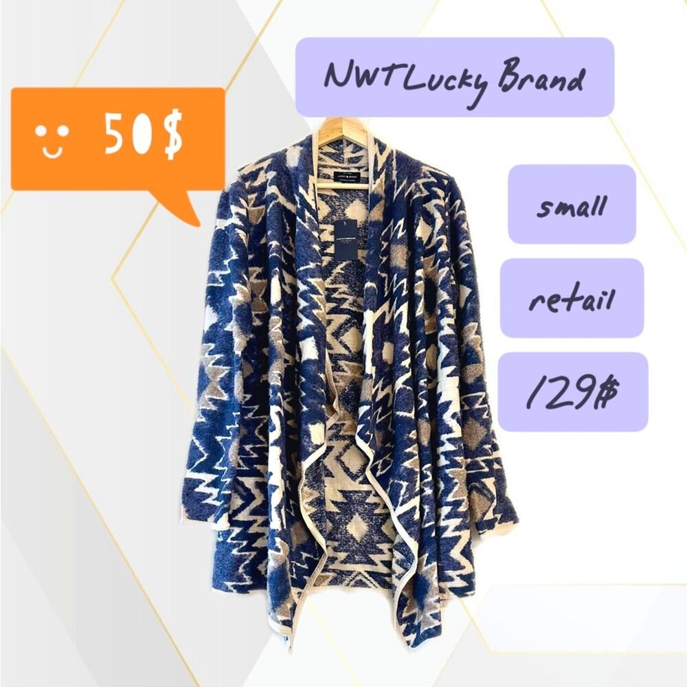 NWT Lucky Brand cardigan S cotton blend Blue Cream Off White
